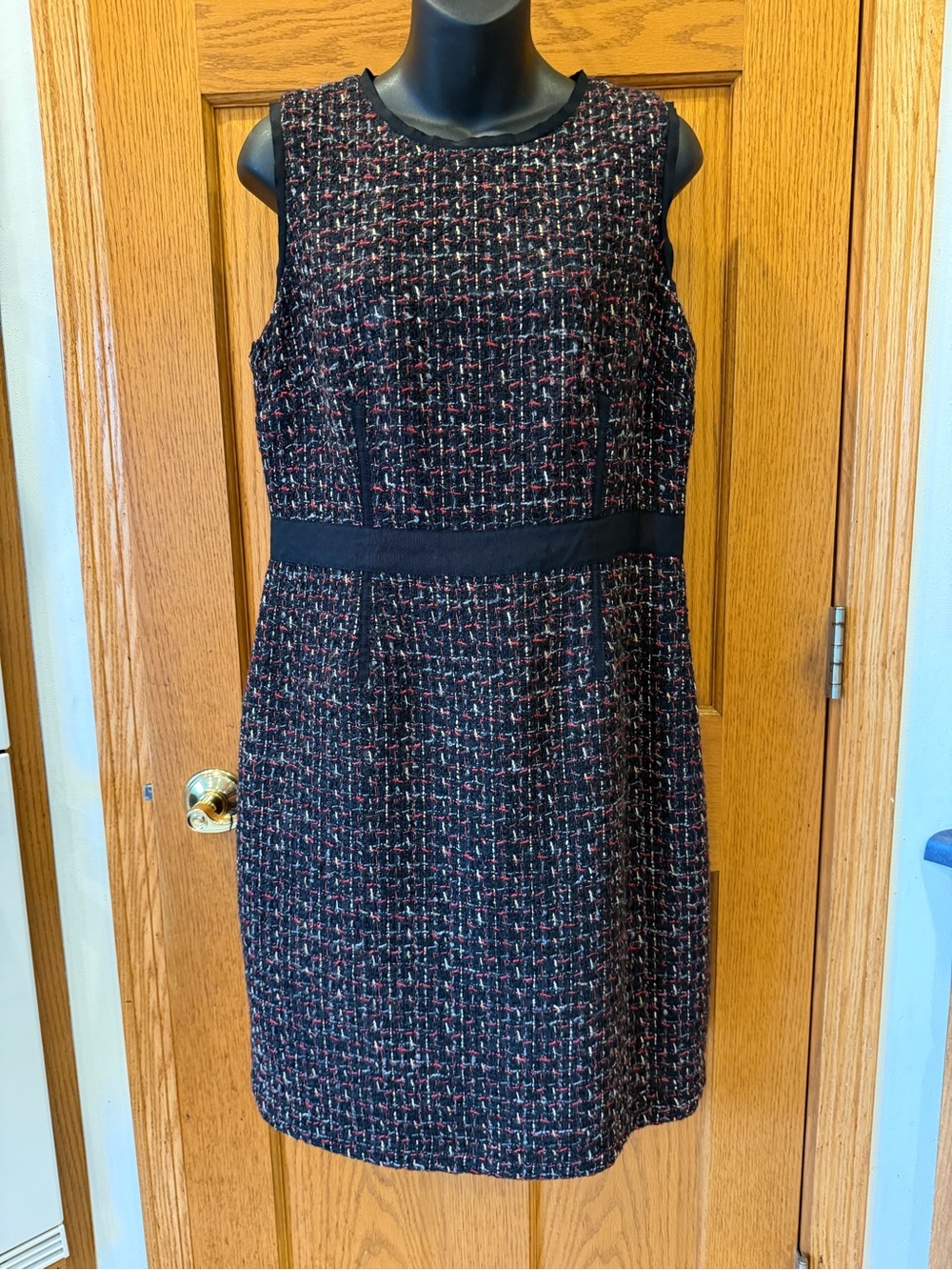 Talbots Black Tweed Sleeveless Shift Dress with Red Accent